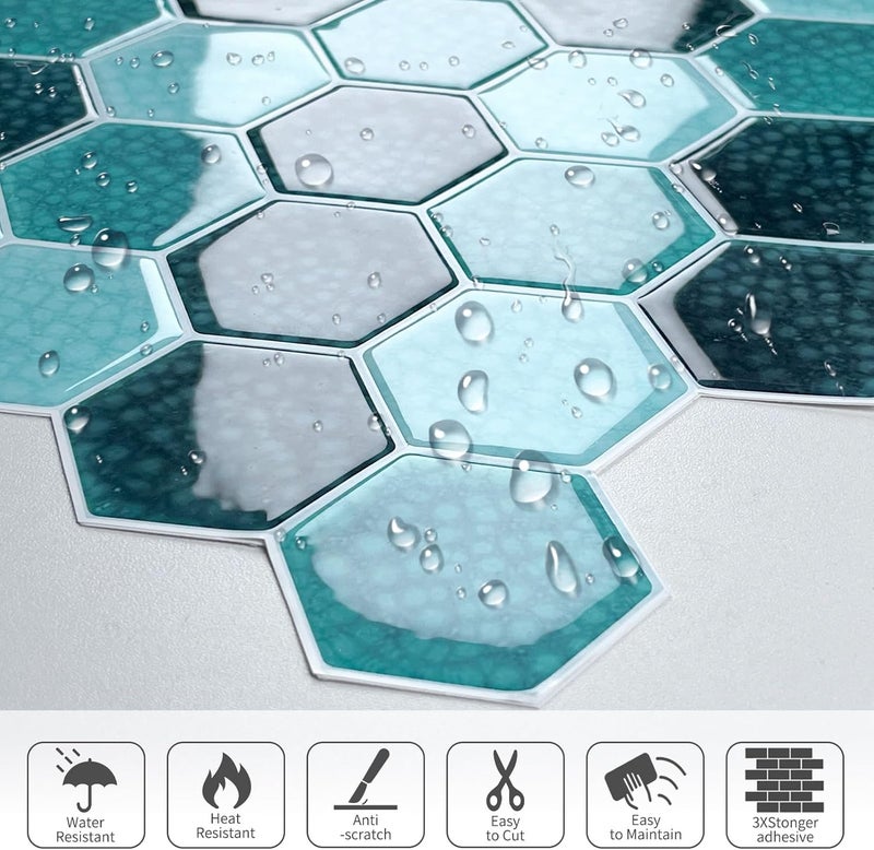MOONFUN Hexagon Peel and Stick Backsplash Tile,10 Sheets 3D Self Adhesive Wall Tile Sticker（Blue Mosaic）, IN - Image 4